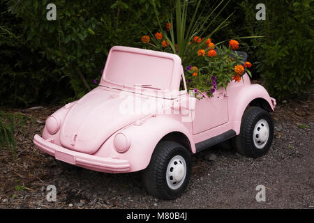Décoration rose Volkswagen Beetle miniature en plastique semoir avec Zinnia orange et violet fleurs pétunia dans le Conte de jardin en été Banque D'Images