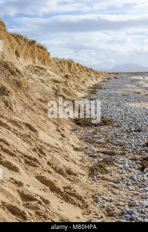 UK, Anglesey, Newborough, 11 mars 2018. L'érosion des dunes de sable vers l'Détroit de Menai sur plage Llanddwyn. Banque D'Images