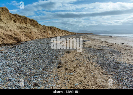 UK, Anglesey, Newborough, 11 mars 2018. L'érosion des dunes de sable vers l'Détroit de Menai sur plage Llanddwyn. Banque D'Images