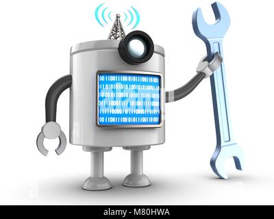 3d illustration de robot avec avec la clé sur fond blanc Banque D'Images