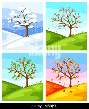 Quatre saisons. Illustration de l'arbre et le paysage en hiver, printemps, été, automne. Illustration de Vecteur