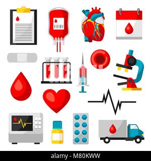Ensemble d'éléments de don du sang. Objets de soins médicaux et de santé Illustration de Vecteur