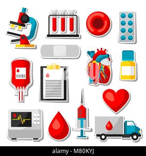 Ensemble d'éléments de don du sang. Soins de santé et médicaux objets autocollant Illustration de Vecteur