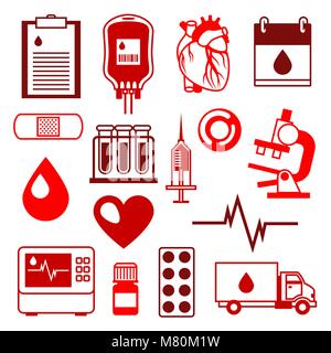 Ensemble d'éléments de don du sang. Objets de soins médicaux et de santé Illustration de Vecteur