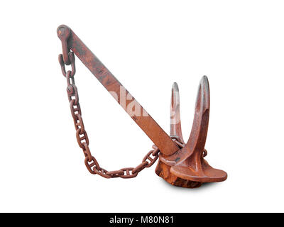 Big rusty anchor antique avec chaîne isolé sur fond whiate Banque D'Images