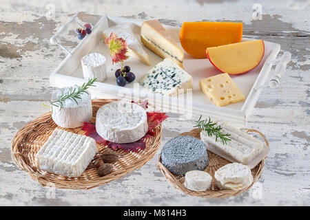 Divers bac avec différentes sortes de fromage sur fond de table en bois gris rustique Banque D'Images