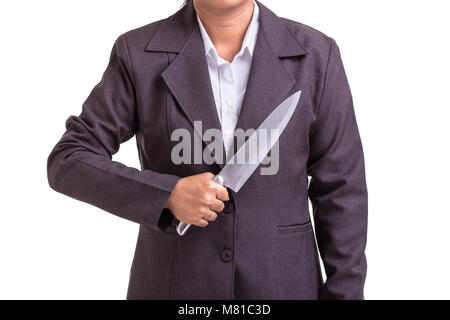 Business concept criminel : Businesswoman holding le nouveau couteau d'argent isolé sur fond blanc Banque D'Images