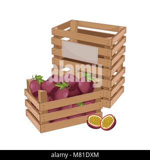 Boîte en bois plein de passion fruits isolés vector Illustration de Vecteur