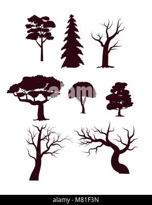 Les arbres des forêts de feuillus ensemble silhouette Illustration de Vecteur