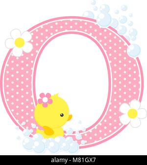 O initial avec bulles et mignon canard en caoutchouc isolé sur blanc. peut être utilisé pour des annonces de naissance bébé fille, pépinière décoration, thème de partie ou la naissance Illustration de Vecteur