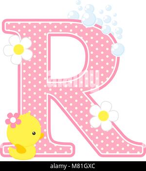 R initial avec fleurs et mignon canard en caoutchouc isolé sur blanc. peut être utilisé pour des annonces de naissance bébé fille, pépinière décoration, thème de partie ou la naissance Illustration de Vecteur