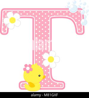 T initial avec fleurs et mignon canard en caoutchouc isolé sur blanc. peut être utilisé pour des annonces de naissance bébé fille, pépinière décoration, thème de partie ou la naissance Illustration de Vecteur