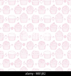 6 styles de cupcake et aléatoire des fruits sur fond blanc. Cute hand drawn seamless pattern de dessert en contour rose pastel. Illustration de Vecteur