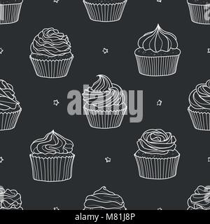 8 styles de cupcakes et star hasard sur fond gris. Cute hand drawn seamless pattern de dessert à contour blanc style. Illustration de Vecteur