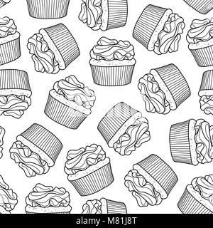 Cupcakes hasard sur fond blanc. Cute hand drawn seamless pattern de dessert en contour noir style. Illustration de Vecteur