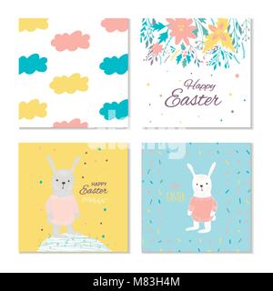 Collection de 4 cartes de Pâques, arrière-plan, gabarit avec de belles fleurs de printemps, feuilles, coeurs, points et le lapin, le lapin. Carte moderne ou inv Illustration de Vecteur