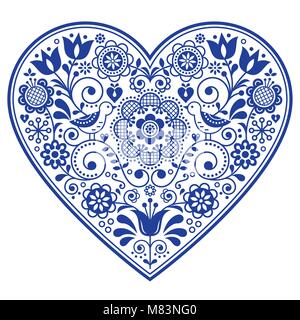 Coeur folk Scandinave design vectoriel, Saint Valentin, anniversaire de mariage ou de carte de vœux, motif floral en bleu marine Illustration de Vecteur