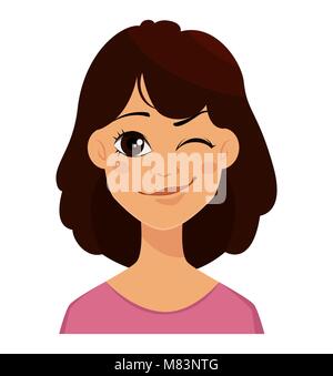 Face à l'expression d'une jolie femme, avec un clin. Femme de l'émotion. Personnage intéressant. Vector illustration isolé sur fond blanc. Illustration de Vecteur