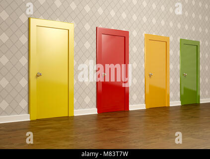 Le rendu 3D de portes de couleur dans une chambre représentant le concept de choix Banque D'Images