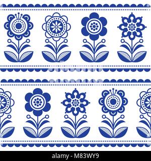 Seamless vector art folk Scandinave avec motif de fleurs et de coeurs, ornement Nordic Design - rayures long Illustration de Vecteur