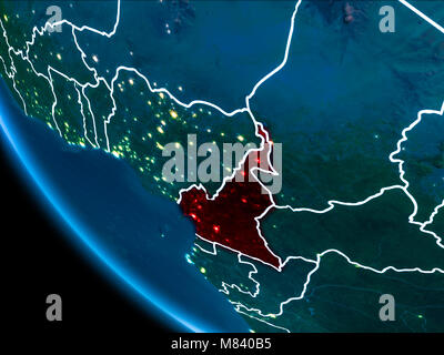 Carte du Cameroun en rouge vu de l'espace sur la planète Terre la nuit blanche avec des filets et les lumières de la ville. 3D illustration. Éléments de cette fourrure d'image Banque D'Images