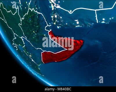 La carte de la Somalie en rouge vu de l'espace sur la planète Terre la nuit blanche avec des filets et les lumières de la ville. 3D illustration. Éléments de cette image di Banque D'Images