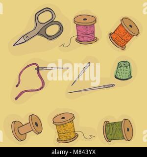 Couture objets vector illustration. Les fils, ciseaux, coupe-aiguilles. L'ensemble d'articles pour la broderie. Illustration de Vecteur
