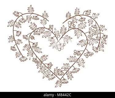 Sorbe en forme de coeur illustration vectorielle. Décoration pour la Saint-Valentin. Les branches avec des feuilles et des baies. Illustration de Vecteur