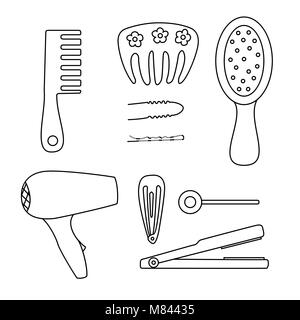 Le noir et blanc outils pour coiffures. Peigne à cheveux, d'un sèche-cheveux et d'agrafes. Vector icons set illustration. Illustration de Vecteur