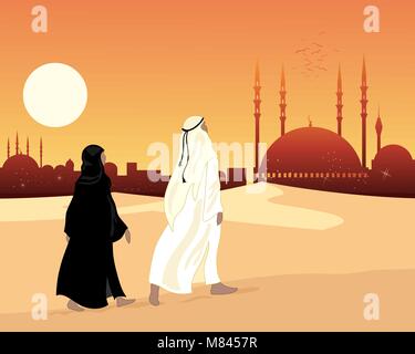 Un vecteur illustration en eps 10 format d'un couple musulman d'aller dans un temple décoré habillé en mosquée islamique traditionnelle sous vêtements Illustration de Vecteur