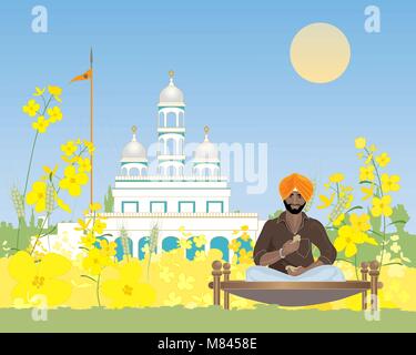 Un vecteur illustration en eps 10 format d'un Sikh de prendre une pause de devoirs à la maison dans un cadre rural, sous un ciel bleu dans le Punjab Illustration de Vecteur