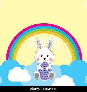 Lapin mignon assis dans les nuages oeuf décoratif et rainbow vector illustration Illustration de Vecteur