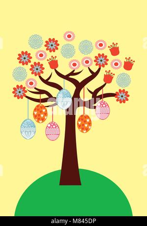 Arbre décoratif délicat mignon avec des fleurs et des œufs de pâques vector illustration Illustration de Vecteur