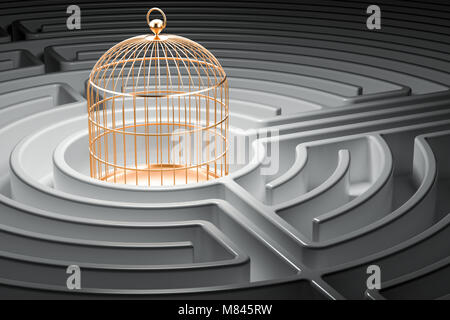 Golden cage à oiseaux à l'intérieur du labyrinthe labyrinthe. Le rendu 3D Banque D'Images