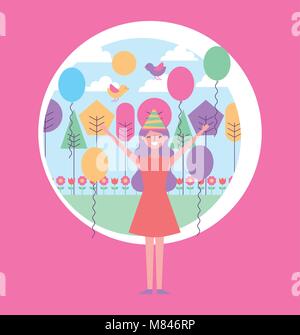 Happy young woman party hat ballons dans le parc vector illustration Illustration de Vecteur