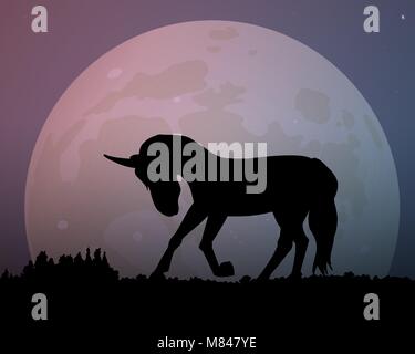 Grande lune dans la nuit. La silhouette de l'unicorn vector illustration. Beau ciel mauve. Illustration de Vecteur