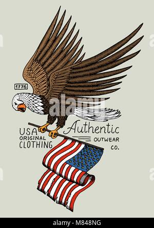 American Eagle native. oiseau sauvage. ancienne étiquette et d'un insigne à la main gravée. dans de vieux croquis. USA symbole, le drapeau de patriote. Illustration de Vecteur