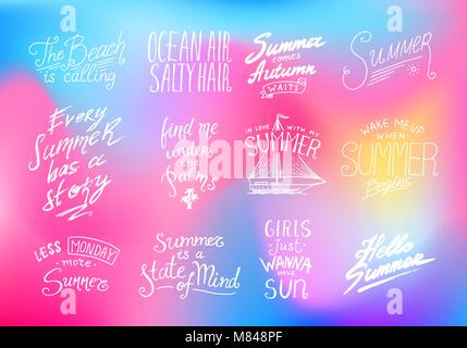 Citations d'été d'inspiration, de voyage et de voyage des phrases, illustration vectorielle, calligraphie. Lettrage dessiné à la main. Ensemble d'été, jours fériés et vacances tropicales. Vintage style. Illustration de Vecteur