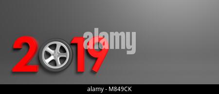 Nouvelle année 2019 avec roue de la voiture et de chiffres en rouge isolé sur fond métal gris, bannière, copiez l'espace. 3d illustration Banque D'Images