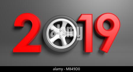Nouvelle année 2019 avec roue de la voiture et de chiffres en rouge isolé sur fond métal gris. 3d illustration Banque D'Images