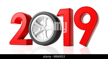 Nouvelle année 2019 avec roue de la voiture et de chiffres en rouge isolé sur fond blanc. 3d illustration Banque D'Images