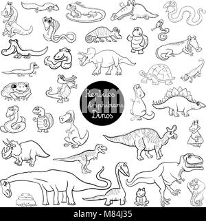 Cartoon noir et blanc Illustration de reptiles et amphibiens caractères Animaux Grand Livre à colorier Jeu Illustration de Vecteur