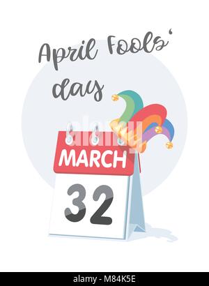 1 April Fools Day. Illustration drôle avec calendrier et jester hat. Vector illustration. Illustration de Vecteur