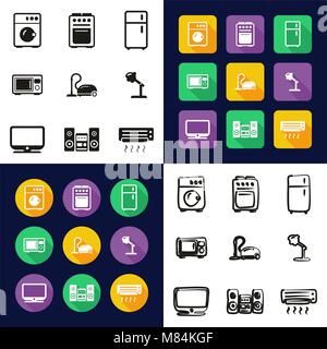Electroménager toutes les icônes dans un Noir & blanc Couleur Télévision Set Freehand Design Illustration de Vecteur