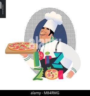 Restaurant italien restaurant italien set - logo avec un cuisinier enjoing l'odeur de Pizza Pizza et de lettrage Illustration de Vecteur