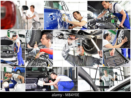 Atelier de réparation automobile : réparations mécaniques, lave-auto et de service dans le garage - travailleur nettoie car - collage avec des motifs différents Banque D'Images