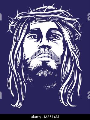 Jésus Christ, le Fils de Dieu dans une couronne d'épines sur sa tête, un symbole du christianisme hand drawn vector illustration croquis Illustration de Vecteur