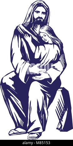Jésus Christ, Fils de Dieu, tenant un enfant dans ses mains, symbole du christianisme hand drawn vector illustration croquis Illustration de Vecteur