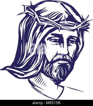 Jésus Christ, le Fils de Dieu dans une couronne d'épines sur sa tête, un symbole du christianisme hand drawn vector illustration croquis Illustration de Vecteur