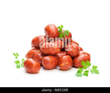 Cordes de mini saucisses chorizo avec hot chili isolated on white Banque D'Images